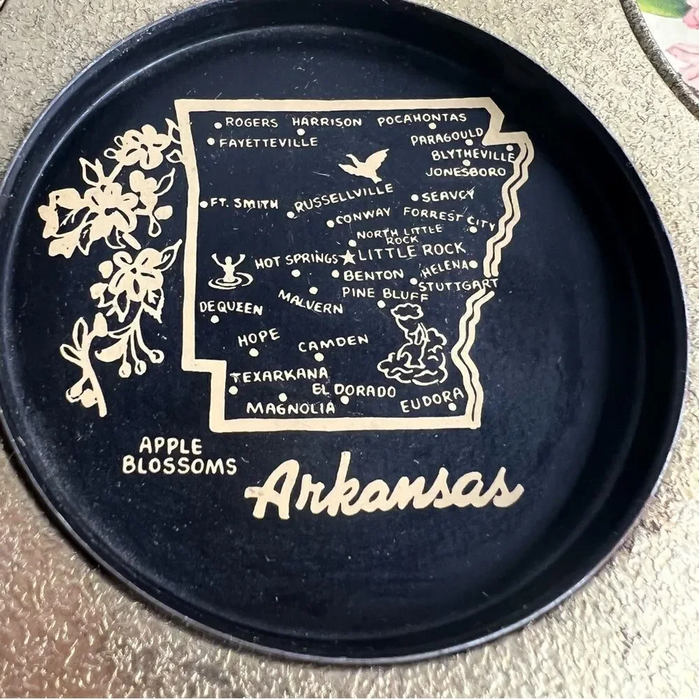 Vintage MCM Arkansas Floral Serving Tray Tin Barware Drink 7 Tumblers